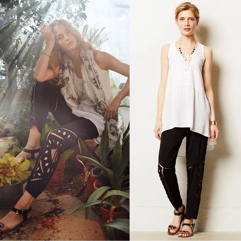 Anthropologie • Andree Delair Ladder Lace Crops pants black cutwork Indonesia